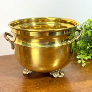 Vintage Brass 3 Footed Planter Pot Small with Handles Made In India 4.5"h 5.5"w
